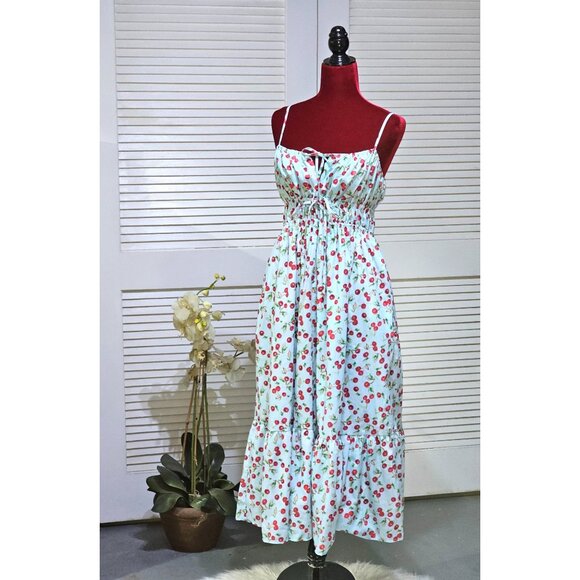 AQUA Women's Cherry Print Spaghetti Straps  Tiered Skirt Midi Dress Size L 2801 - Picture 1 of 11